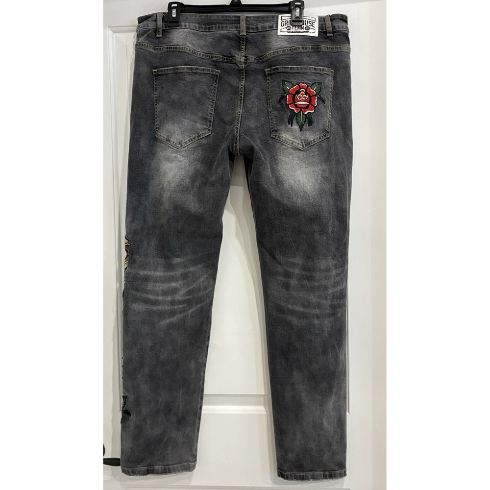 Grindhouse Black Jeans Size 38x31 Y2K Embroidered Roses Snake Grunge  Streetwear - Picture 5 of 14